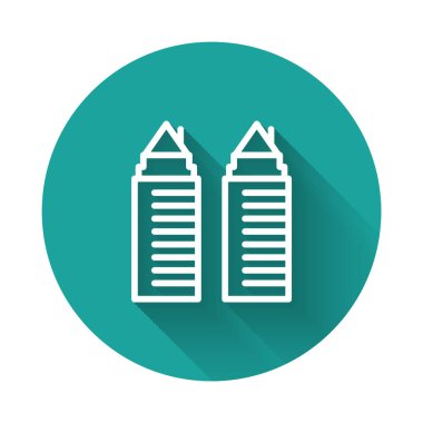 Dnipro şehir ikonundaki uzun gölgeli iki yüksek yerleşim kulesi. Yeşil daire düğmesi. Vektör.