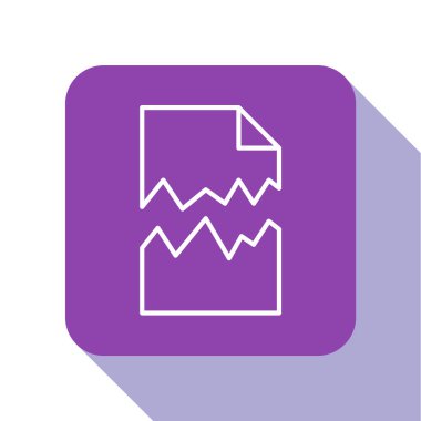 Beyaz çizgi Yırtık belge simgesi beyaz arkaplanda izole edildi. Mor kare düğme. Vektör.