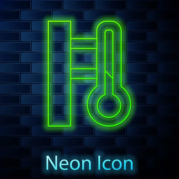 Gloeiende Neon Meteorologie Thermometer Meten Pictogram Geïsoleerd Baksteen Muur Achtergrond — Stockvector