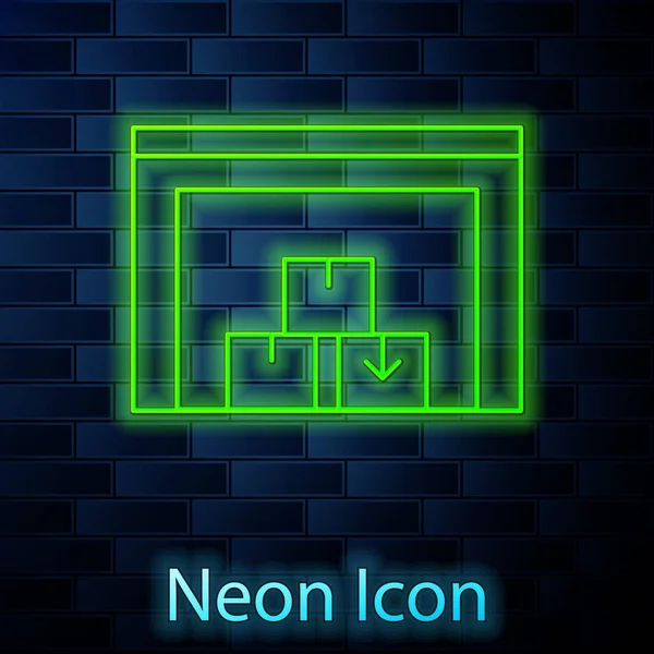 Glowing Neon Warehouse Icon Isolated Brick Wall Background Vector — Stock Vector