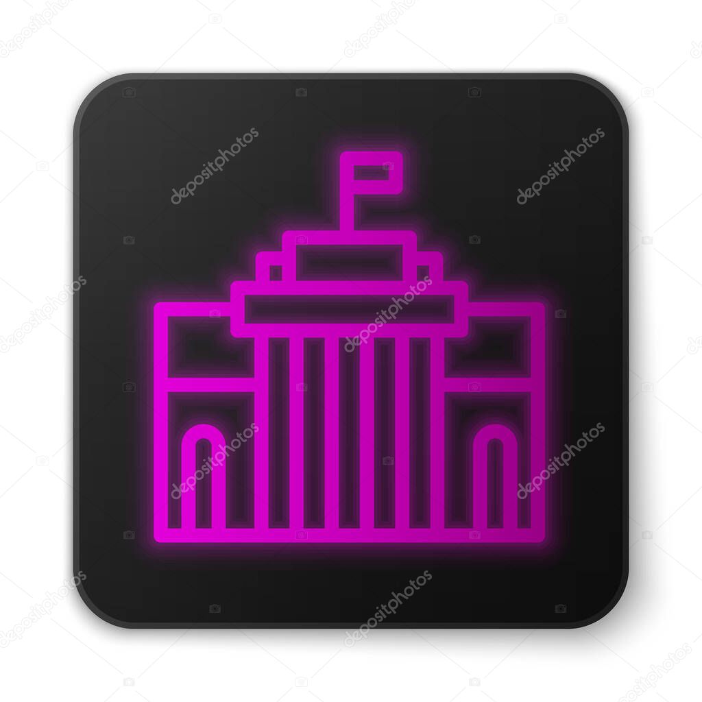 Glowing neon line Prado museum icon isolated on white background. Madrid, Spain. Black square button. Vector.