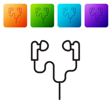Siyah çizgi hava kulaklığı simgesi beyaz arkaplanda izole edildi. Kulaklıklar için kablosuz cihaz. Elektronik cihazlar. Renkli kare düğmelerle simgeleri ayarla. Vektör.