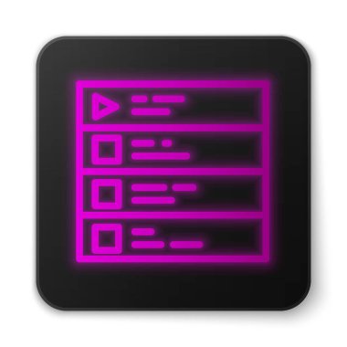 Parlayan neon hattı müzik listesi simgesi beyaz arkaplanda izole edildi. Siyah kare düğme. Vektör.