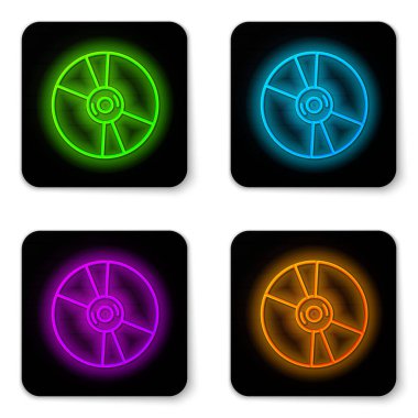 Parlayan neon çizgi CD veya DVD disk simgesi beyaz arkaplanda izole edildi. Küçük disk işareti. Siyah kare düğme. Vektör.