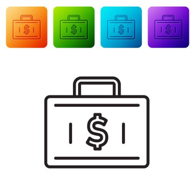 Siyah çizgi evrak çantası ve para simgesi beyaz arka planda izole edildi. İş ilanı. İş portföyü. Finansal yönetim. Renkli kare düğmelerle simgeleri ayarla. Vektör.