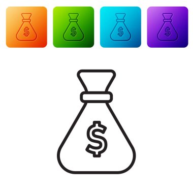 Siyah çizgi Para Çantası simgesi beyaz arkaplanda izole edildi. Dolar ya da USD sembolü. Nakit bankacılık tabelası. Renkli kare düğmelerle simgeleri ayarla. Vektör.