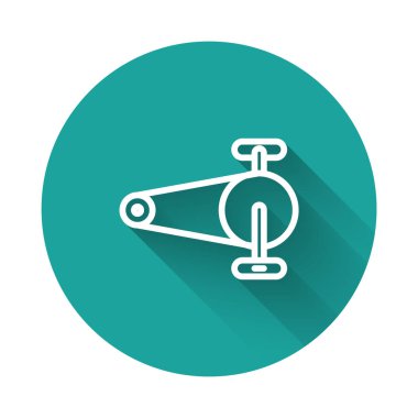 Çarklı bisiklet zinciri, uzun gölgeli beyaz çizgi. Bisiklet zinciri sıçrama iletimi. Yeşil daire düğmesi. Vektör.