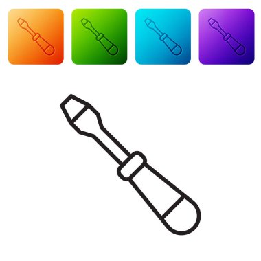 Siyah çizgi tornavida simgesi beyaz arkaplanda izole edildi. Servis aracı sembolü. Renkli kare düğmelerle simgeleri ayarla. Vektör.