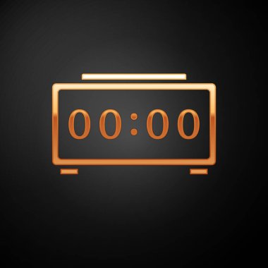 Siyah arkaplanda izole edilmiş altın dijital alarm saati simgesi. Elektronik çalar saat. Zaman simgesi. Vektör.