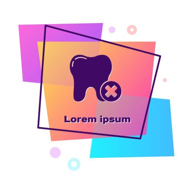 Beyaz arka planda izole edilmiş ikonlu mor diş. Diş çürüğü. Renkli dikdörtgen düğmesi. Vektör.