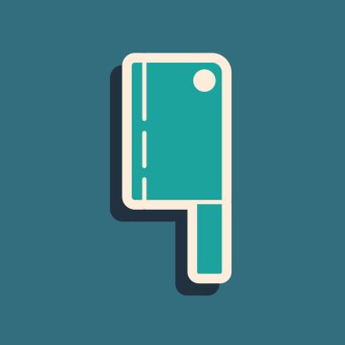 Yeşil Et Helikopteri simgesi yeşil arkaplanda izole edildi. Et için mutfak bıçağı. Kasap bıçağı. Mutlu Cadılar Bayramı Partisi. Uzun gölge tarzı. Vektör.