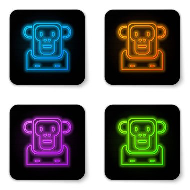 Parlayan neon maymun simgesi beyaz arkaplanda izole edildi. Siyah kare düğme. Vektör.