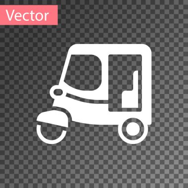 Beyaz Taksi Tuk simgesi şeffaf arkaplanda izole edildi. Hint oto çekçek konsepti. Delhi otomobili. Vektör.