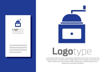 Mavi Manual kahve öğütücü simgesi beyaz arkaplanda izole edilmiş. Logo tasarım şablonu elemanı. Vektör.