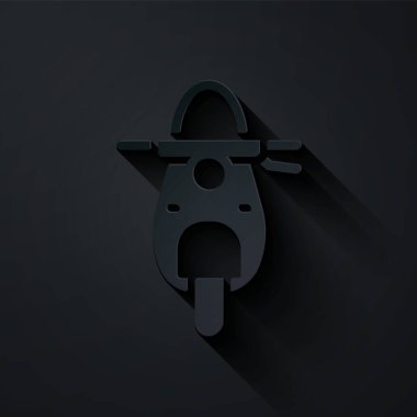 Kağıt kesiği Scooter simgesi siyah arkaplanda izole edildi. Kağıt sanatı tarzı. Vektör.