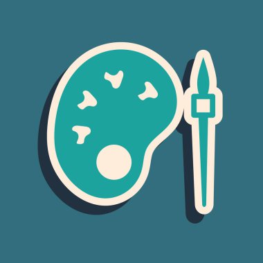 Yeşil zemin üzerinde palet simgesi olan yeşil boya fırçası. Uzun gölge tarzı. Vektör.