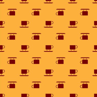 Kırmızı kahve fincanı ikonu kahverengi arka planda pürüzsüz desen izole etti. Çay fincanı. Sıcak içecek kahvesi. Vektör.