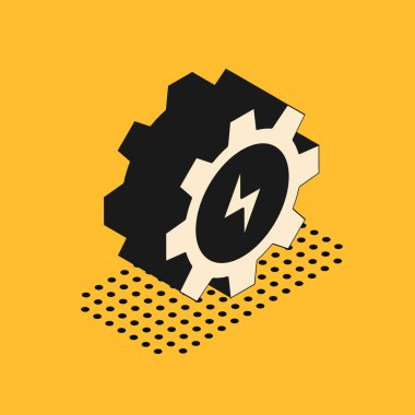 Isometric Gear ve şimşek ikonu sarı arka planda izole edildi. Elektrik gücü. Şimşek işareti. Vektör.