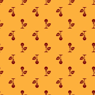 Yaprak ikonlu kırmızı ampul kahverengi arka planda izole edilmiş pürüzsüz desen. Çevre enerjisi kavramı. Alternatif enerji kavramı. Vektör.