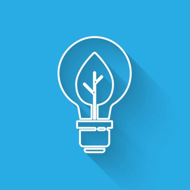 Yaprak ikonlu beyaz çizgi ampulü uzun gölgeli. Çevre enerjisi kavramı. Alternatif enerji kavramı. Vektör.