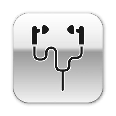 Siyah Hava Kulaklık simgesi beyaz arkaplanda izole edildi. Kulaklıklar için kablosuz cihaz. Elektronik cihazlar. Gümüş kare düğme. Vektör.