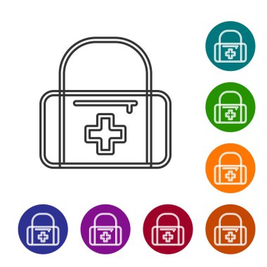 Siyah çizgi ilk yardım çantası simgesi beyaz arkaplanda izole edildi. Haçlı sağlık kutusu. Acil durumlar için tıbbi ekipman. Sağlık sigortası konsepti. Simgeleri renk daire düğmelerine ayarla. Vektör.