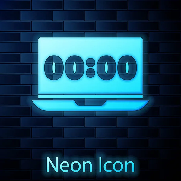 Glowing Neon Clock Laptop Screen Icon Isolated Brick Wall Background — Stock Vector