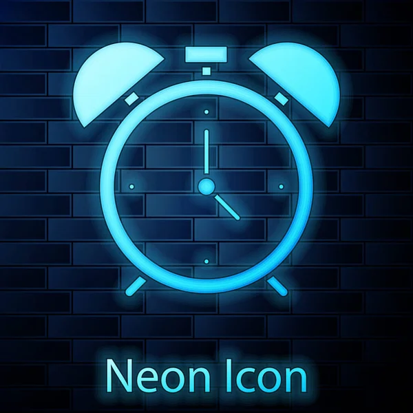 Leuchtende Neon Wecker Symbol Isoliert Auf Backsteinwand Hintergrund Aufwachen Aufstehen — Stockvektor