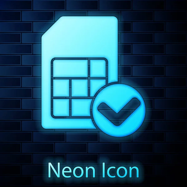 Glödande Neon Sim Kort Ikon Isolerad Tegel Vägg Bakgrund Mobiltelefon — Stock vektor