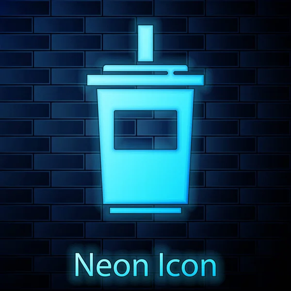 Leuchtendes Neon Papier Glas Mit Trinkhalm Und Wassersymbol Isoliert Auf — Stockvektor
