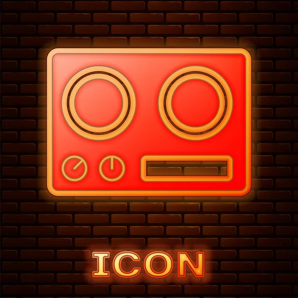 Zářící Neon Plynový Sporák Ikona Izolované Cihlové Zdi Pozadí Znamení — Stockový vektor