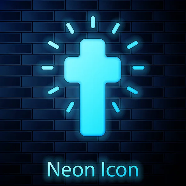 Zářící Neonový Křesťanský Kříž Ikona Izolované Cihlové Zdi Pozadí Kostelní — Stockový vektor