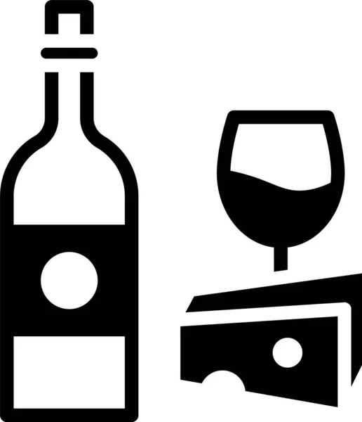 Μαύρο Μπουκάλι Κρασί Γυαλί Και Τυρί Εικονίδιο Απομονώνονται Λευκό Φόντο — Διανυσματικό Αρχείο