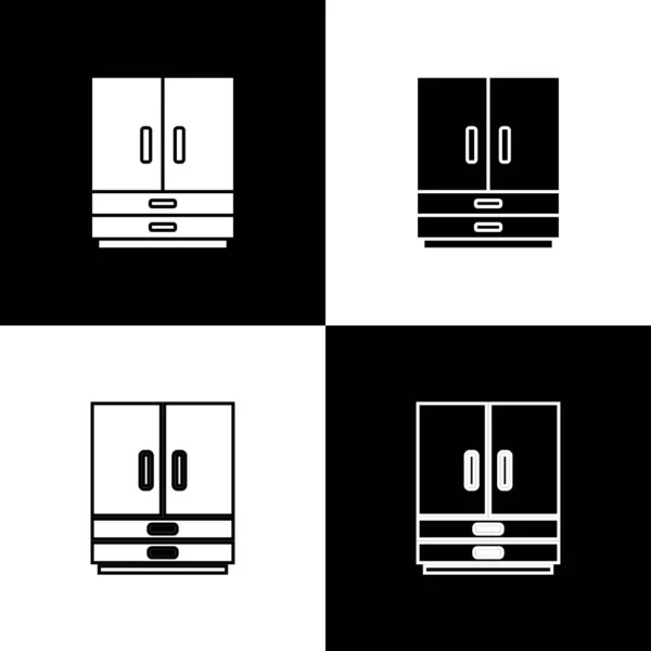 Set Kledingkast Pictogram Geïsoleerd Zwart Wit Achtergrond Vector — Stockvector