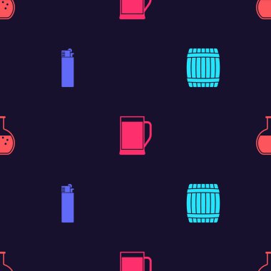 Tahta fıçı, çakmak, bir bardak bira, test tüpü ve matarayı pürüzsüz desene ayarlayın. Vektör.