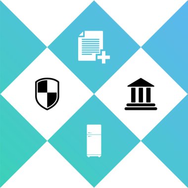 Kalkan, Buzdolabı, Yeni dosya ve Banka binası simgesi ekle. Vektör.