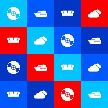 CD veya DVD diski, Ship, Sofa ve Cloud simgesini ayarla. Vektör.