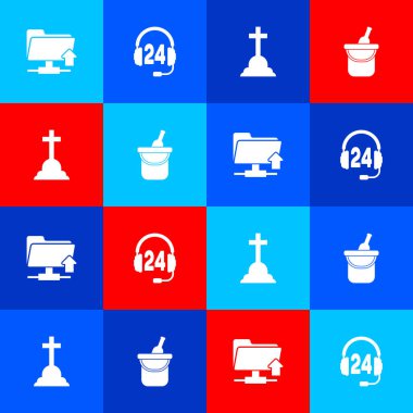 FTP klasörü yükleme, kulaklık, haçlı Tombstone ve kova ikonunda bir şişe şarap. Vektör.