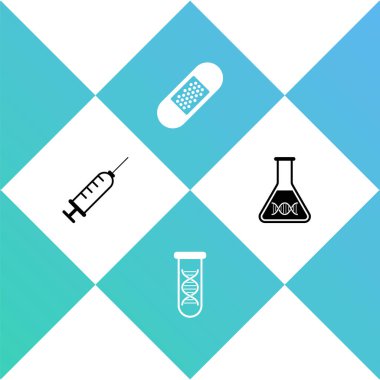 Şırıngayı, DNA araştırmasını, aramayı, bandajı ve ikonu hazırla. Vektör.