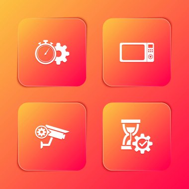 Zaman yönetimi ayarları, mikrodalga fırın, güvenlik kamerası ve kum saati simgesi. Vektör.