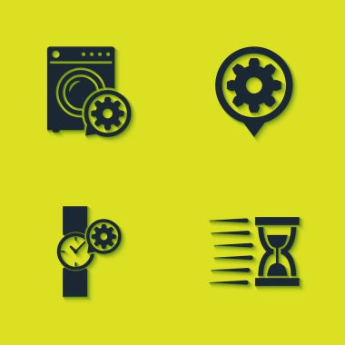 Çamaşır makinesi ayarı, kumlu eski kum saati, bilek saati ve simge ayarı. Vektör.