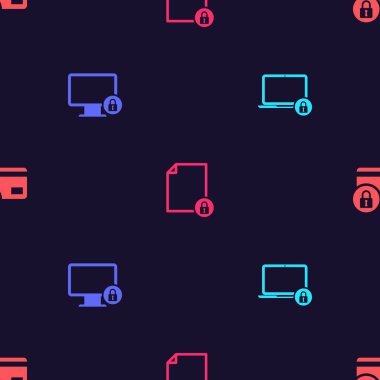 Dizüstü bilgisayarı ve kilidi ayarlayın, monitöre kilitlenin, Belge ve Kredi kartını sorunsuz bir şekilde ayarlayın. Vektör.