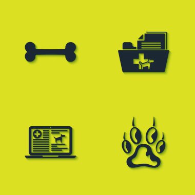 Köpek kemiği, pati izi, klinik kayıt köpek dizüstü bilgisayarı ve tıbbi veteriner klasörü simgesi. Vektör.
