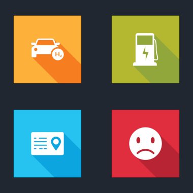 Hidrojen vagonu, elektrik şarj istasyonu, adres defteri ve üzgün gülümseme simgesi ayarla. Vektör.