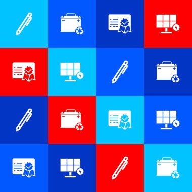 Kalem, aküyü geri dönüşümlü olarak ayarla, sertifika şablonu ve güneş enerjisi simgesi. Vektör.