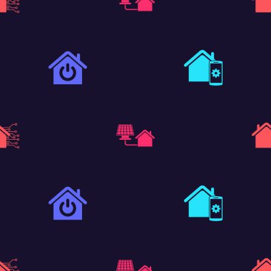 Smart ev uzaktan kumanda sistemini, güneş paneli olan ve kusursuz desenli evi ayarla. Vektör.