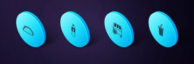 Isometric Glass 'ı suyla, Fast Street yemek arabasıyla, bir şişe Taco tortilla ikonuyla hazırla. Vektör.