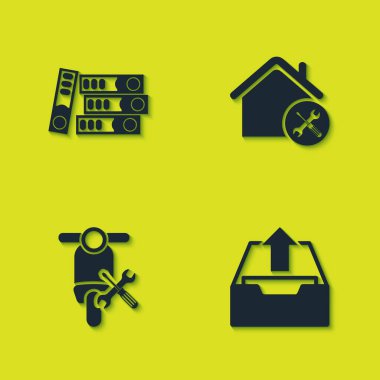 Ofis dosyalarını, gelen kutusunu, Scooter servisini ve House simgesini ayarla. Vektör.