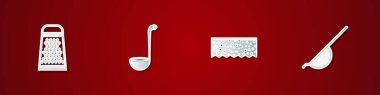Grater, Kitchen kepçesi, köpüklü sünger ve süzgeç ikonu. Vektör.