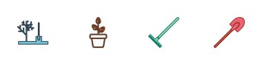 Toprağa ağaç dikmek, saksı, bahçe tırmığı ve kürek ikonu dikmek. Vektör.
